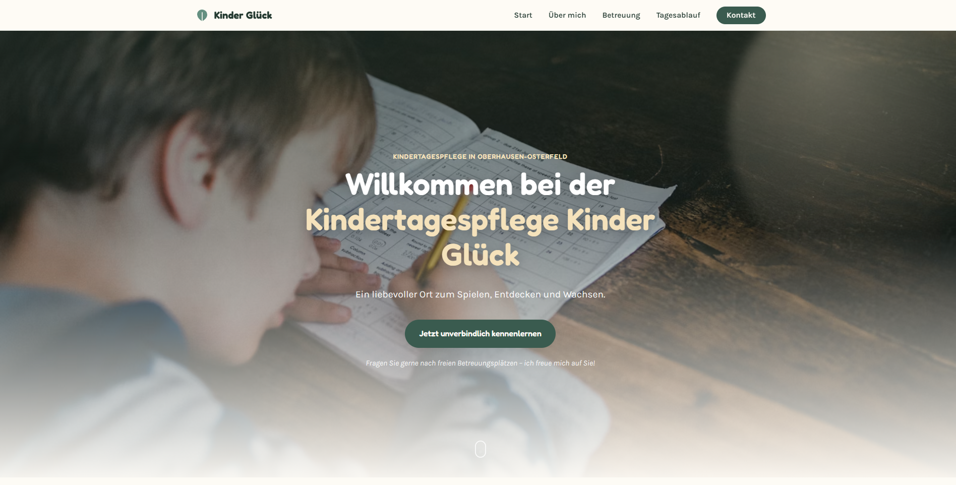 Startseite der Webseite für die Kindertagespflege Kinder Glück